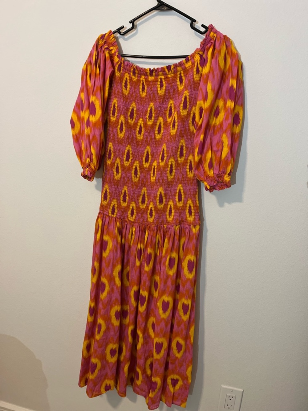 ZARA Vibrant Pink Yellow Printed Off Shoulder Smock Puff Sleeve Maxi Dress Beach - Picture 2 of 8